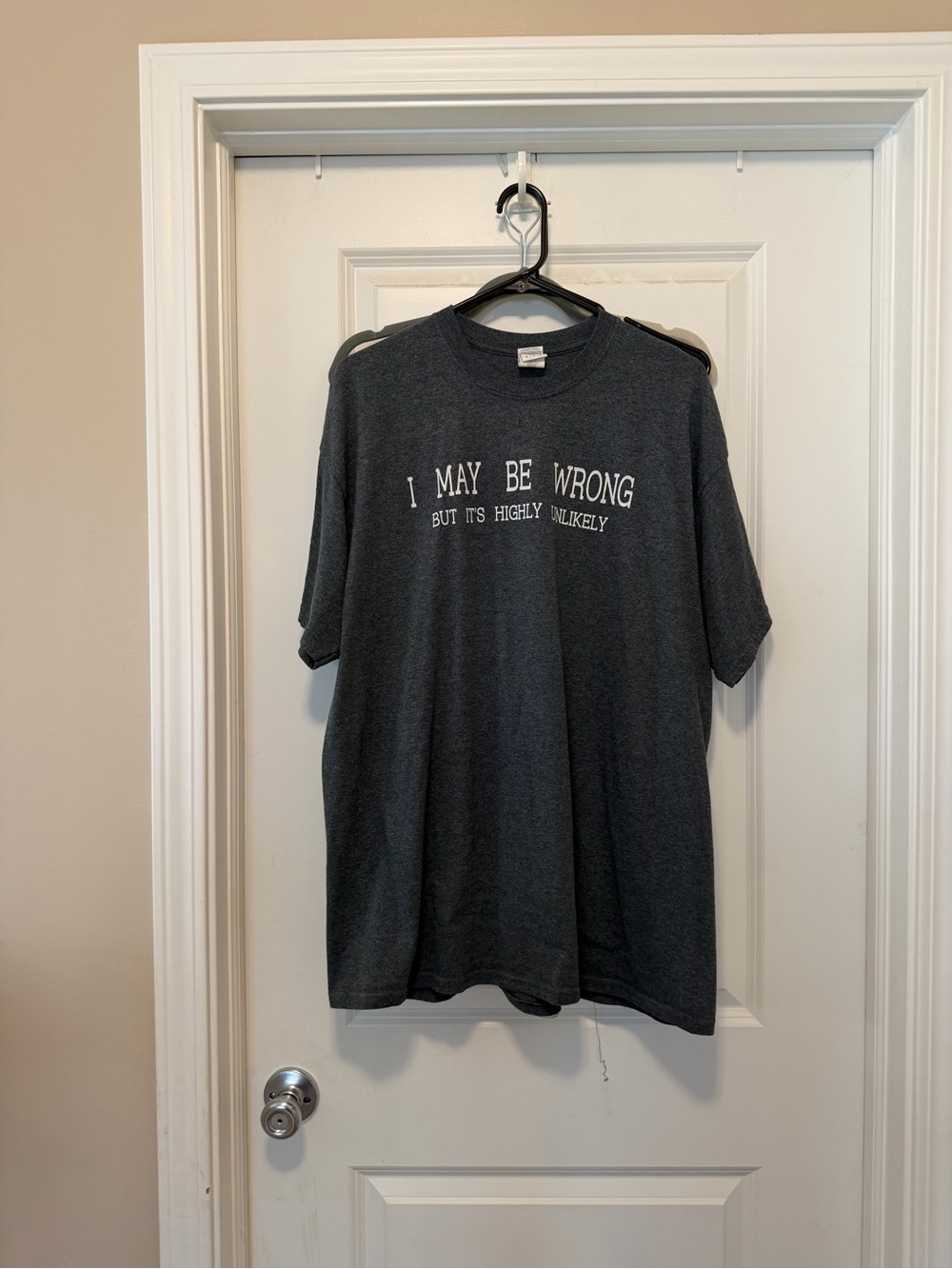 Gildan Charcoal Short-Sleeve Tee with White "I MAY BE WRONG" Print